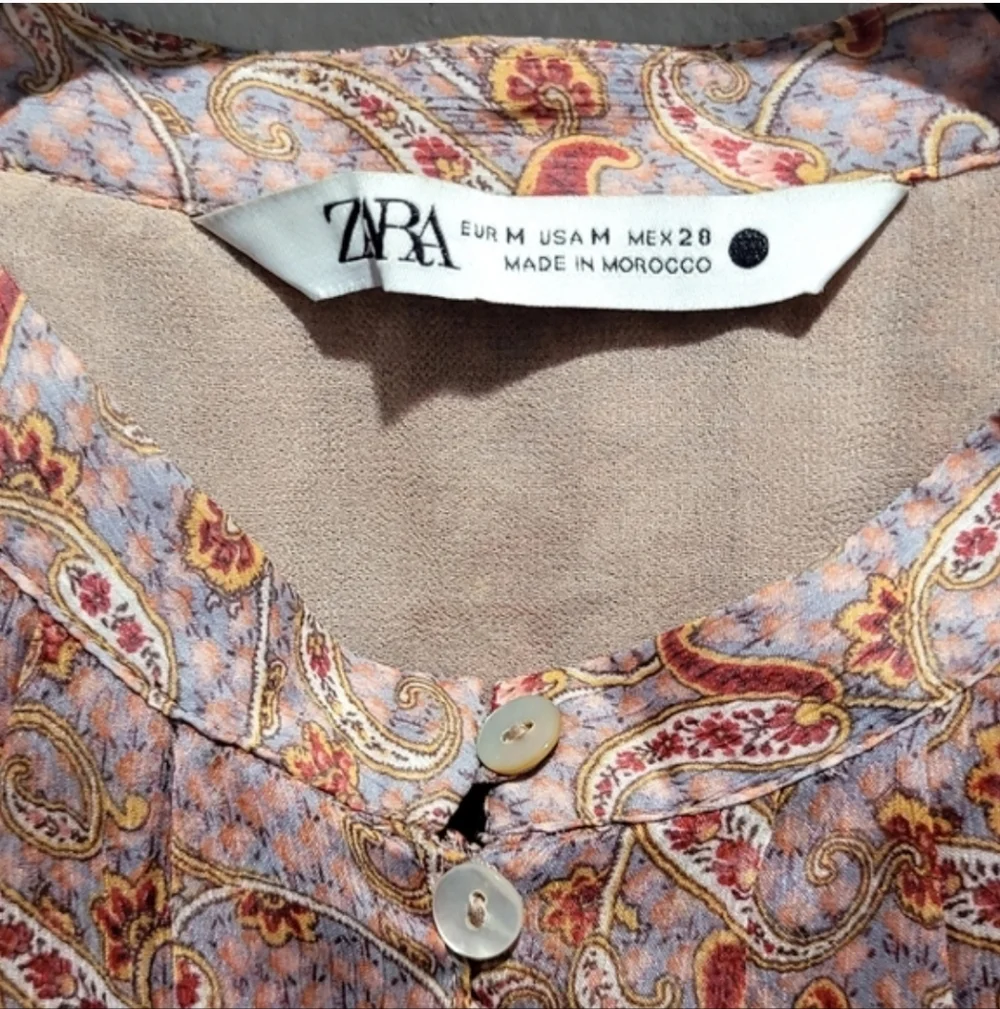Zara Sheer Paisley Blouse Medium Boho Balloon Sleeve Button Front Top - Picture 7 of 10